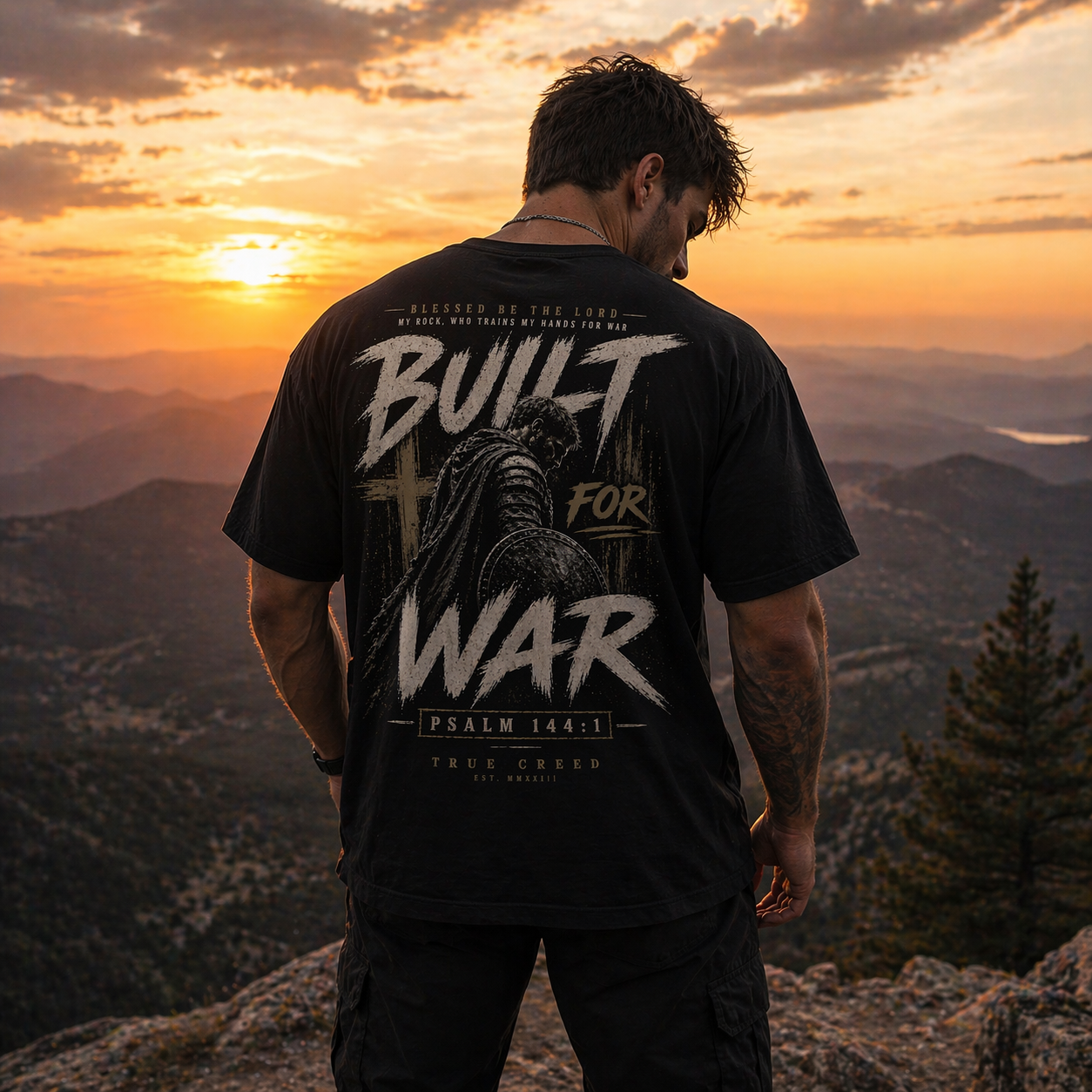Blessed be the Lord Built for War Streetwear T-Shirt | Psalm 144:1 Christian Army Cross Design