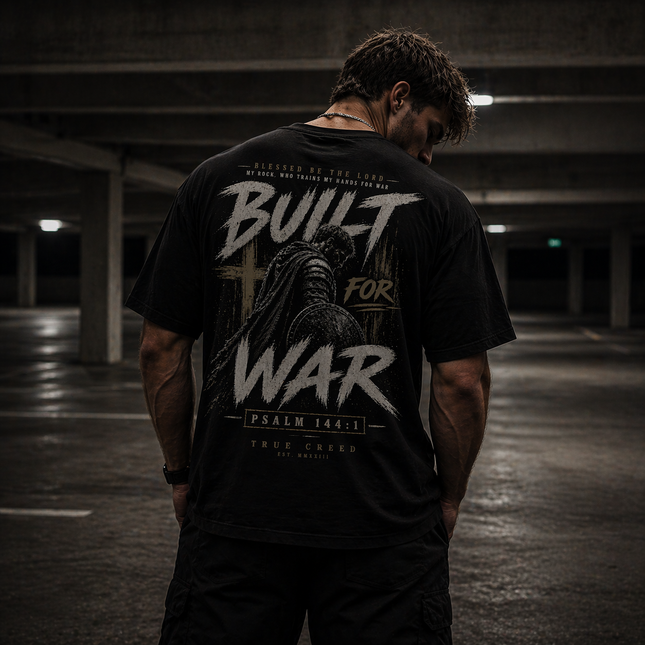 Blessed be the Lord Built for War Streetwear T-Shirt | Psalm 144:1 Christian Army Cross Design