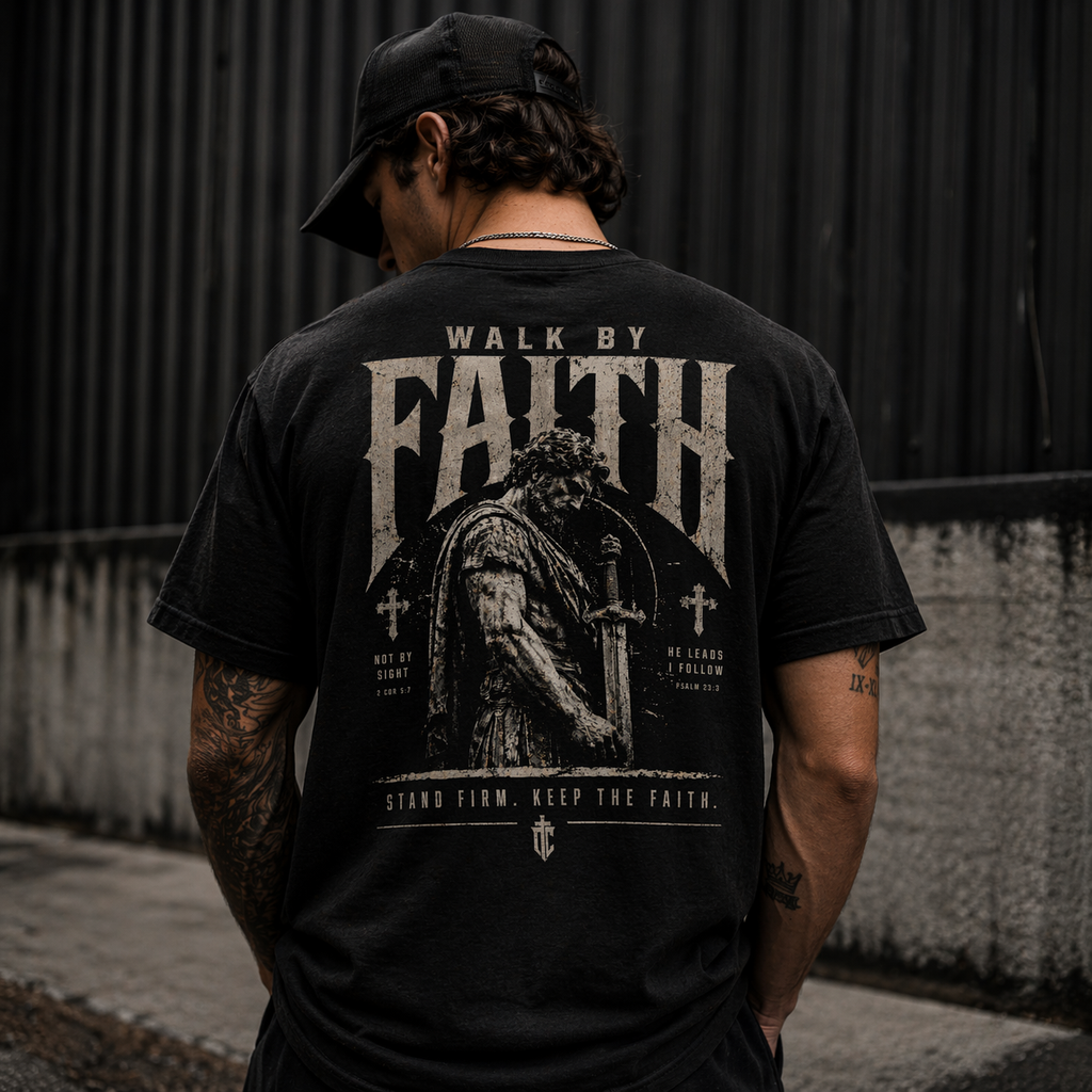 Walk By Faith T-shirt | Prayerful Warrior Graphic, Christian Faith Streetwear Tee
